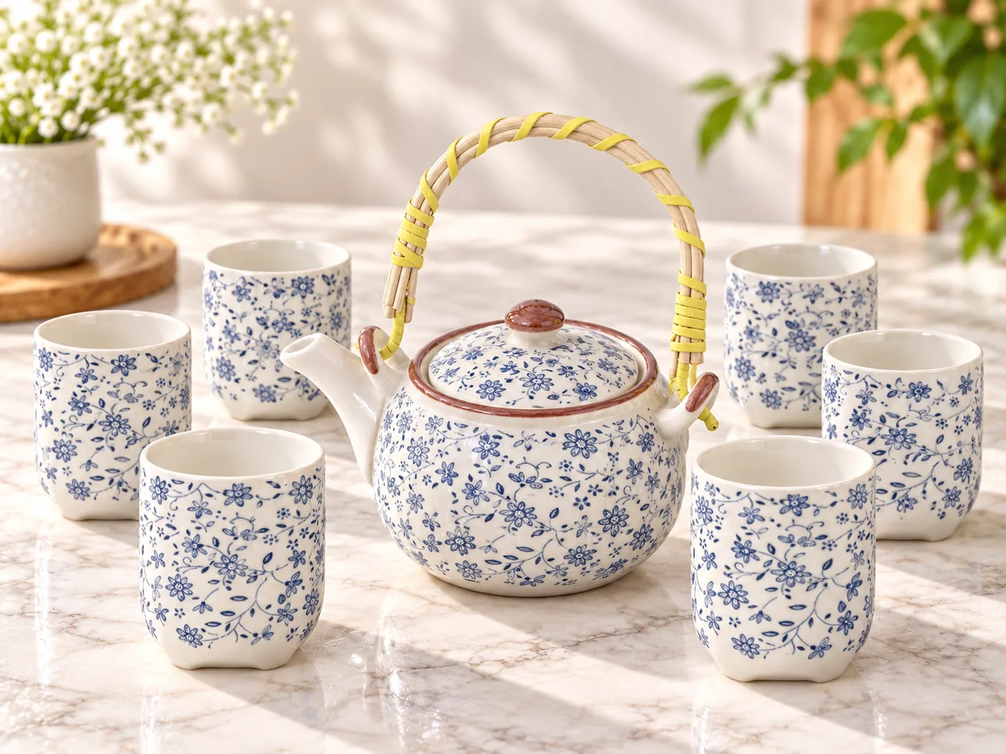 Cream 7-piece tea set with blue floral patterns